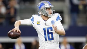 Detroit Lions quarterback Jared Goff (16) looks to pass during an NFL football game against the Dallas Cowboys, Saturday, Dec. 30, 2023, in Arlington, Texas. (Matt Patterson/AP)