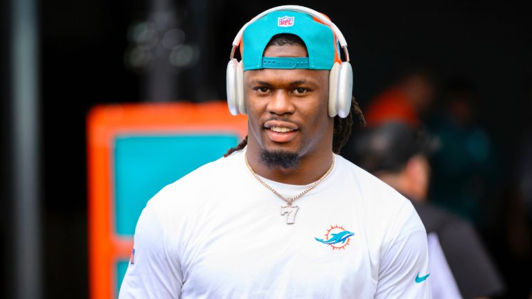 The Miami Dolphins released linebacker Jerome Baker on Tuesday, a move that frees up about $9.8 million in salary cap space. (Doug Murray/AP)