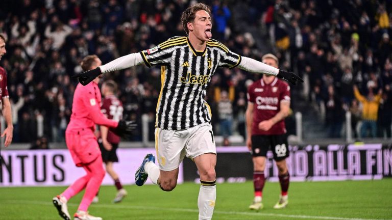 Juventus' Kenan Yildiz celebrates after scoring during the Italian Cup soccer match between Juventus and Salernitana at the Juventus Stadium in Turin, Italy, Thursday, Jan. 4, 2024. (Marco Alpozzi/dpa via AP)