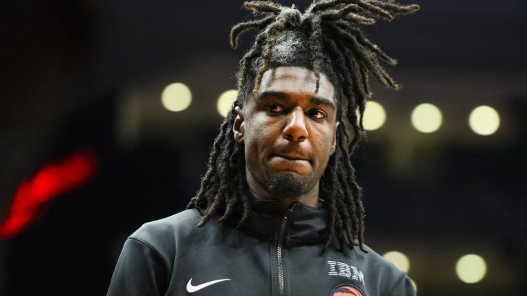 Toronto Raptors guard Kira Lewis Jr. looks on during a time out in second half NBA basketball action against the Chicago Bulls, in Toronto on Thursday, January 18, 2024. (Christopher Katsarov/CP Photo)