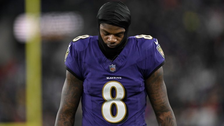 Baltimore Ravens quarterback Lamar Jackson (8) reacts to a change of possession during the second half of the AFC Championship NFL football game against the Kansas City Chiefs, in Baltimore, Sunday, Jan. 28, 2024. (Terrance Williams/AP)