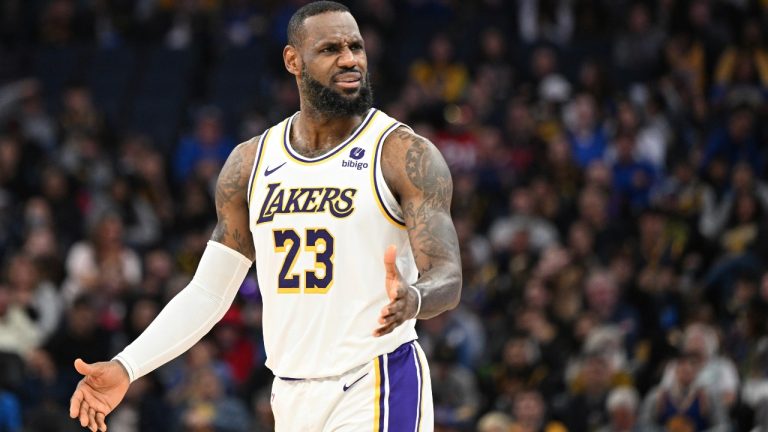Los Angeles Lakers forward LeBron James reacts after a referee's call during the first half of an NBA basketball game against the Golden State Warriors, Saturday, Jan. 27, 2024, in San Francisco. (Nic Coury/AP)