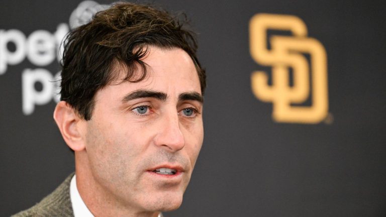 San Diego Padres general manager A.J. Preller speaks during a news conference introducing Mike Shildt as the baseball club's new manager, Tuesday, Nov. 21, 2023, in San Diego. (Denis Poroy/AP Photo)