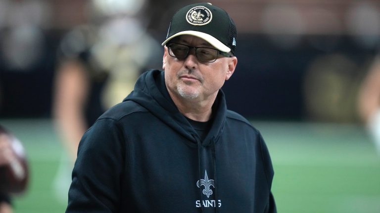 New Orleans Saints offensive coordinator Pete Carmichael is seen before the start of an NFL football game between the New York Giants and New Orleans Saints Sunday, Dec. 17, 2023, in New Orleans. (AP Photo/Gerald Herbert)