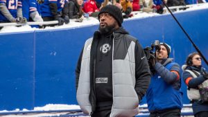 Pittsburgh Steelers head coach Mike Tomlin walks onto the field before an NFL wild-card playoff game, Monday, Jan. 15, 2024, in Orchard Park, NY. (Matt Durisko/AP)