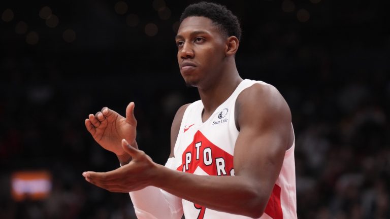 Toronto Raptors guard RJ Barrett reacts during his team's 124-121 win over the Cleveland Cavaliers in NBA basketball action in Toronto, Monday, Jan. 1, 2024. THE CANADIAN PRESS/Chris Young