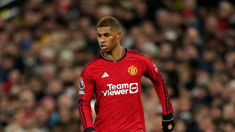 Manchester United's Marcus Rashford during the English Premier League soccer match between Manchester United and Tottenham Hotspur at the Old Trafford stadium in Manchester, England, Sunday, Jan. 14, 2024. (Dave Thompson/AP)