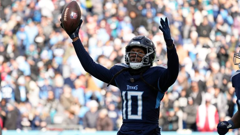 Tennessee Titans wide receiver DeAndre Hopkins (10) celebrates his touchdown catch against the Jacksonville Jaguars during the second half of an NFL football game Sunday, Jan. 7, 2024, in Nashville, Tenn. (George Walker IV/AP)