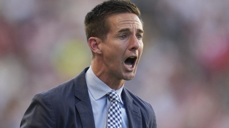 New York Red Bulls coach Troy Lesesne shouts to his team during the first half of an MLS soccer match against Real Salt Lake Saturday, July 15, 2023, in Sandy, Utah. Troy Lesesne replaced Wayne Rooney as coach of D.C. United on Wednesday, Jan. 10, 2024, two months after Lesesne was fired by the New York Red Bulls. (AP Photo/Rick Bowmer, File)