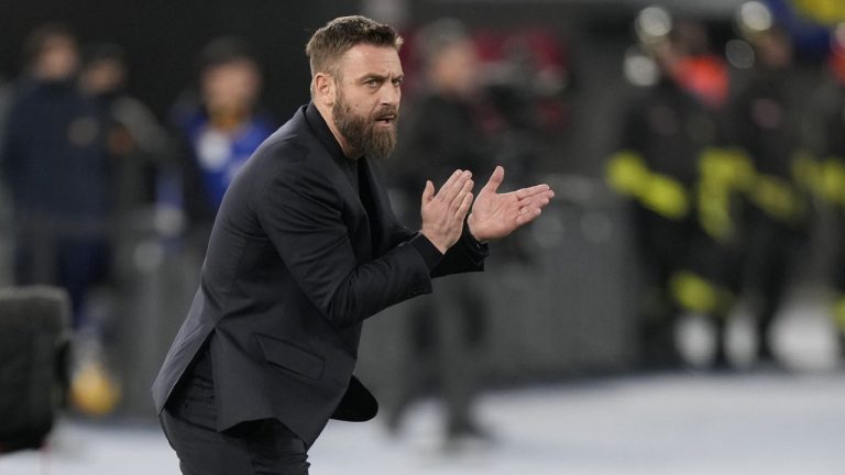 Roma's head coach Daniele De Rossi gives instructions during the Series A soccer match between Roma and Hellas Verona at the Rome Olympic stadium, Saturday, Jan. 20, 2024. (Andrew Medichini/AP)