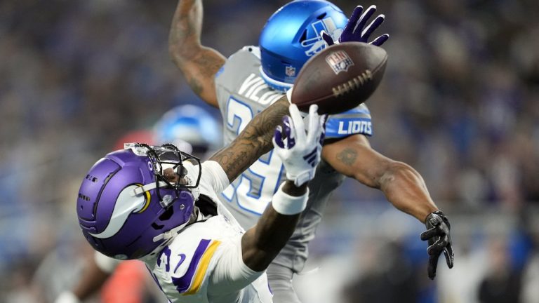 Minnesota Vikings wide receiver Jordan Addison (3), defended by Detroit Lions cornerback Kindle Vildor (29) is unable to catch a pass during the first half of an NFL football game, Sunday, Jan. 7, 2024, in Detroit. (Paul Sancya/AP)