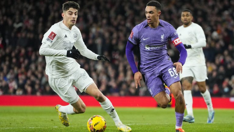 Liverpool's Trent Alexander-Arnold, right, vies for the ball with Arsenal's Kai Havertz during the English FA Cup soccer match between Arsenal and Liverpool at Emirates stadium in London, Sunday, Jan. 7, 2024. (Kirsty Wigglesworth/AP)