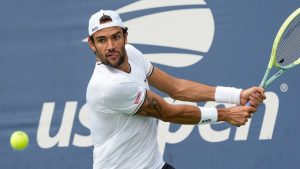 Matteo Berrettini, of Italy, returns a shot to Ugo Humbert, of France, during the first round of the U.S. Open tennis championships, Tuesday, Aug. 29, 2023, in New York. (Mary Altaffer/AP)