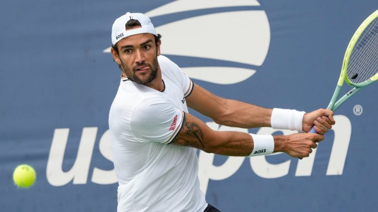 Matteo Berrettini, of Italy, returns a shot to Ugo Humbert, of France, during the first round of the U.S. Open tennis championships, Tuesday, Aug. 29, 2023, in New York. (Mary Altaffer/AP)