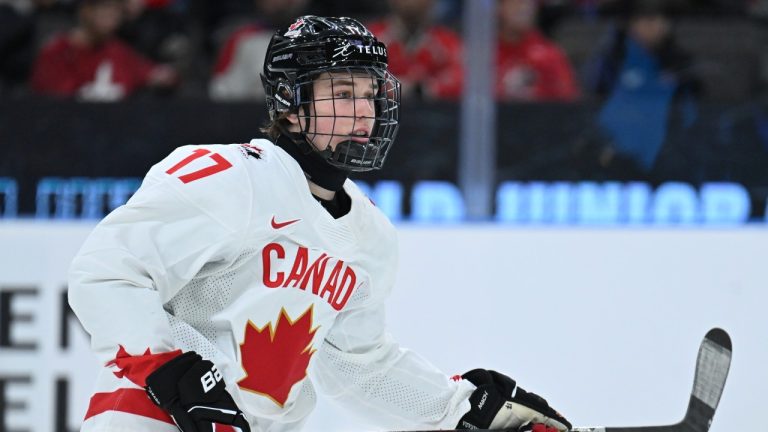 Canada's Macklin Celebrini in action during the IIHF World Junior Championship group A ice hockey match between Latvia and Canada at Scandinavium in Gothenburg, Sweden, Wednesday, Dec. 27, 2023. (Björn Larsson Rosvall/TT News Agency via AP)