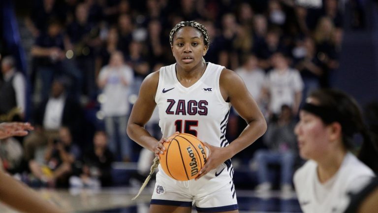 Gonzaga forward Yvonne Ejim controls the ball during the second half of an NCAA college basketball game against Stanford, Sunday, Dec. 3, 2023, in Spokane, Wash. (Young Kwak/AP Photo)