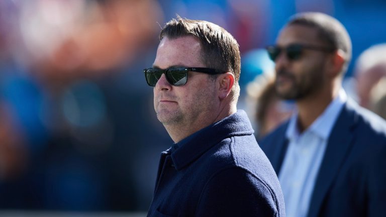Carolina Panthers general manager Scott Fitterer stands on the sideline prior to an NFL football game against the Tampa Bay Buccaneers, Sunday, Jan. 7, 2024, in Charlotte, N.C. (Brian Westerholt/AP Photo)