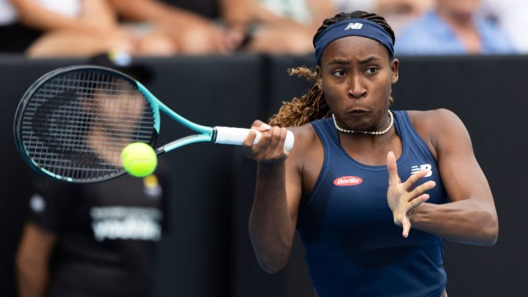 Coco Gauff of the United States plays a forehand return to Varvara Gracheva from France during their quarterfinal match at the ASB Tennis Classic in Auckland, New Zealand, Friday, Jan. 5, 2024. (Brett Phibbs/Photosport via AP)