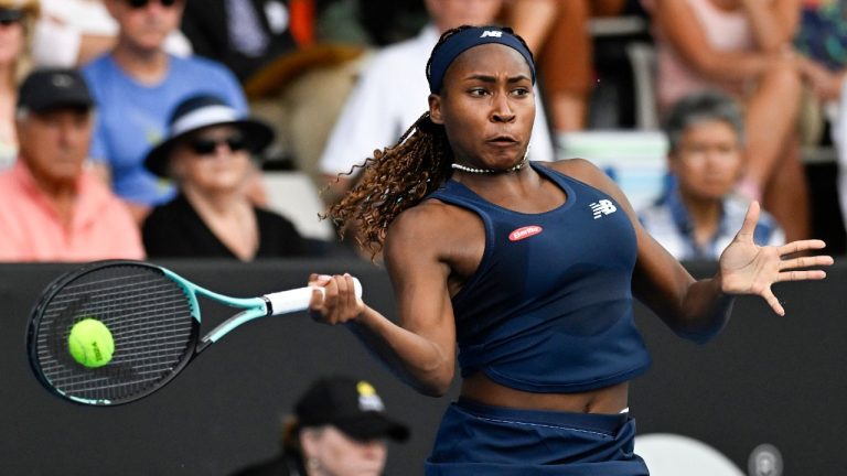 Coco Gauff of the United States plays a forehand return to compatriot Emma Navarro during their semifinal match at the ASB Tennis Classic in Auckland, New Zealand, Saturday, Jan. 6, 2024. (Andrew Cornaga/Photosport via AP)