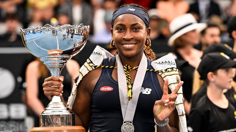Coco Gauff of the United States poses with her trophy after defeating Elina Svitolina of Ukraine in the final of the ASB Tennis Classic in Auckland, New Zealand, Sunday, Jan. 7, 2024. (Andrew Cornaga/Photosport via AP)