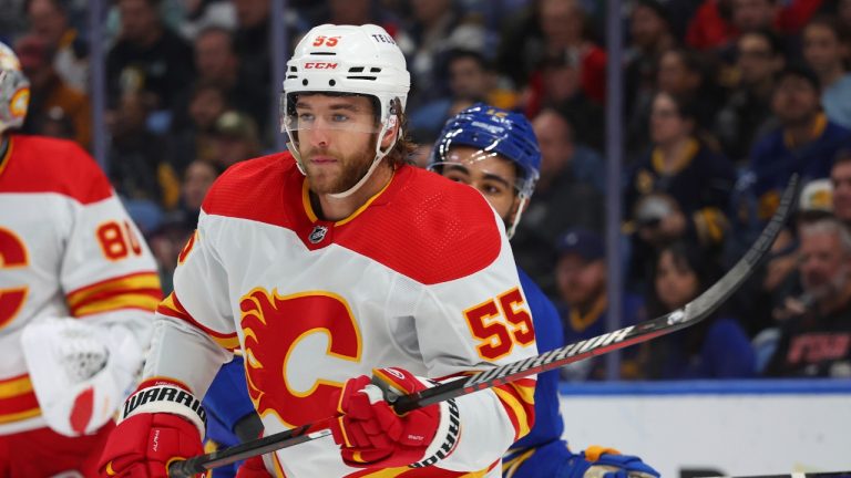 Calgary Flames defenceman Noah Hanifin (55) skates during the first period of an NHL hockey game against the Buffalo Sabres Thursday, Oct. 19, 2023, in Buffalo, N.Y. (Jeffrey T. Barnes/AP)
