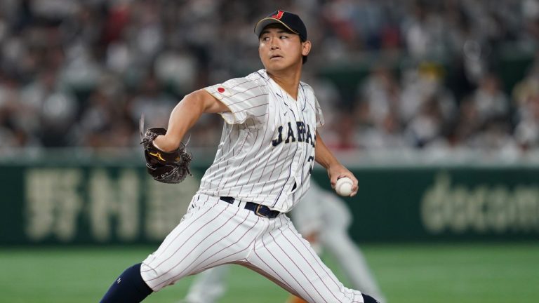 Shota Imanaga of Japan throws during the sixth inning of the quarterfinal game between Italy and Japan at the World Baseball Classic (WBC) at Tokyo Dome in Tokyo, Japan, Thursday, March 16, 2023. (Toru Hanai/AP)