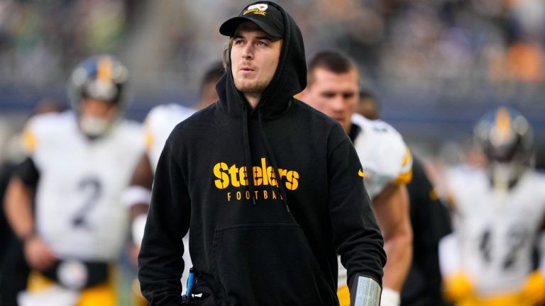 Pittsburgh Steelers quarterback Kenny Pickett walks on the field during the first half of an NFL football game against the Seattle Seahawks, Sunday, Dec. 31, 2023, in Seattle. The Steelers won 30-23. (AP Photo/Lindsey Wasson)