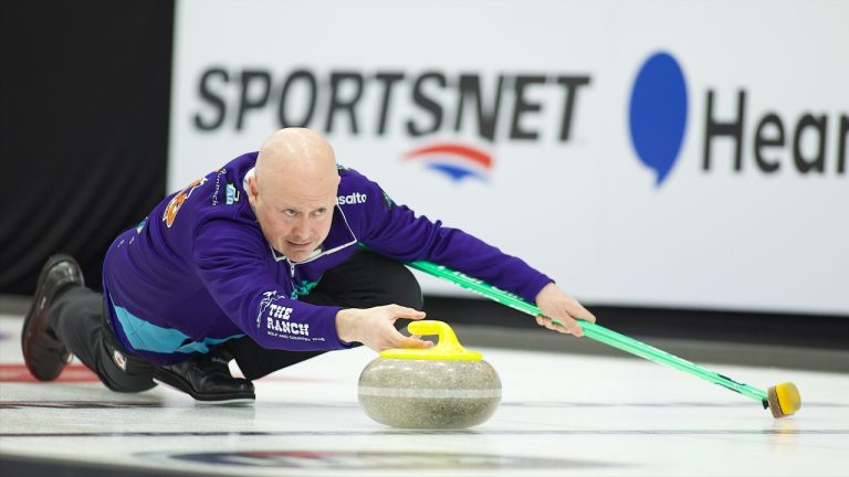 Kevin Koe throws a rock during the Co-op Canadian Open on Wednesday, Jan. 17, 2024, in Red Deer, Alta. (Anil Mungal/GSOC)