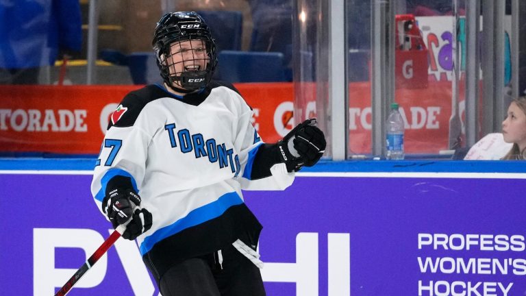 Toronto's Emma Maltais celebrates her goal against New York during the third period of a PWHL hockey game Friday, Jan. 5, 2024, in Bridgeport, Conn. Toronto won 3-2. (Frank Franklin II/AP)