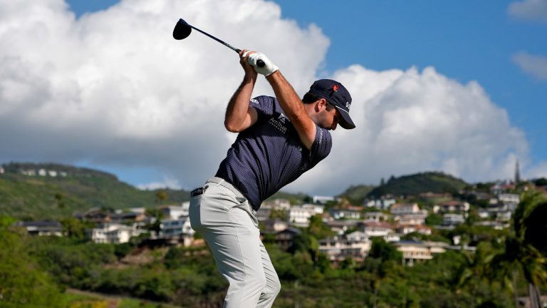 Taylor Montgomery hits from the 14th tee during the first round of the Sony Open golf event, Thursday, Jan. 11, 2024, at Waialae Country Club in Honolulu. (Matt York/AP Photo)