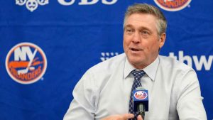 New York Islanders head coach Patrick Roy speaks to reporters after an NHL hockey game against the Dallas Stars. (Mary Altaffer/AP)