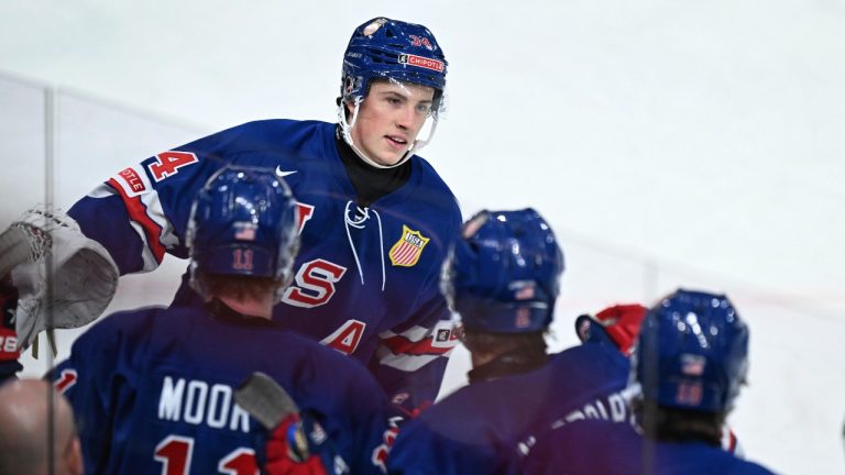 USA's Gabe Perreault celebrates scoring during the IIHF World Junior Championship ice hockey quarterfinal match between USA and Latvia at Frolundaborg in Gothenburg, Sweden, Tuesday Jan. 2, 2024. (Bjorn Larsson Rosvall/TT via AP)