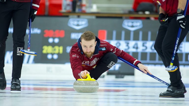 Yannick Schwaller shoots a stone during the Co-op Canadian Open on Wednesday, Jan. 17, 2024, in Red Deer. Alta. (Anil Mungal/GSOC)