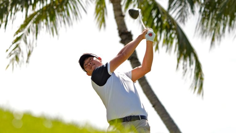 Carl Yuan hits on the 14th tee during the second round of the Sony Open golf event, Friday, Jan. 12, 2024, at Waialae Country Club in Honolulu. (Matt York/AP)