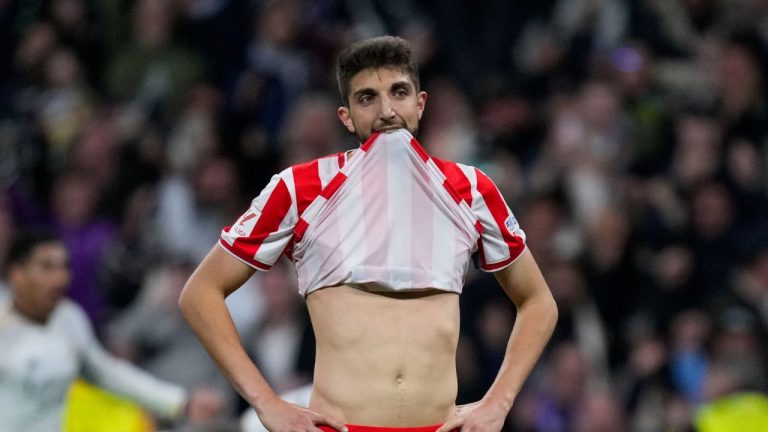 Almeria's Edgar Gonzalez reacts after Real Madrid's Dani Carvajal scoring his side's third goal during a Spanish La Liga soccer match between Real Madrid and Almeria at the Santiago Bernabeu stadium in Madrid, Spain, Sunday, Jan. 21, 2024. (Bernat Armangue /AP Photo)