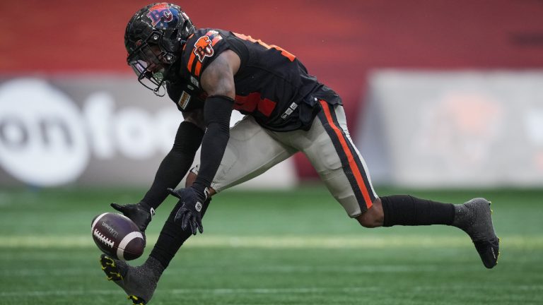 B.C. Lions' Marcus Sayles nearly intercepts a Montreal Alouettes pass during the second half of a CFL football game, in Vancouver, B.C., Sunday, July 9, 2023. (Darryl Dyck/CP)