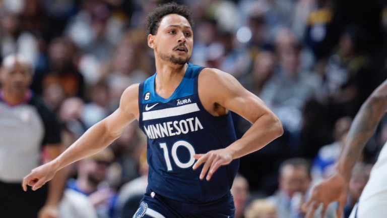 Minnesota Timberwolves guard Bryn Forbes (10) in the second half of an NBA basketball game Tuesday, Feb. 7, 2023, in Denver. Former NBA player Bryn Forbes has been arrested on a family violence charge. Bexar County arrest records show that Forbes was arrested on Tuesday, Feb. 13, 2024 and jailed on a charge of assaulting a family member by choking, strangulation, a third-degree felony. (David Zalubowski/AP)