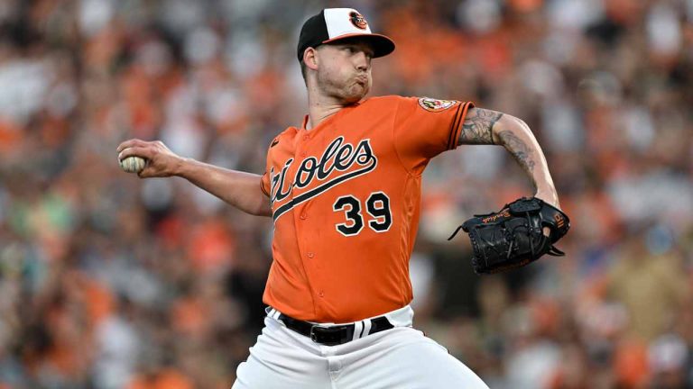 Baltimore Orioles starting pitcher Kyle Bradish throws during the first inning of the team's baseball game against the Colorado Rockies, Saturday, Aug. 26, 2023, in Baltimore. (Terrance Williams/AP)