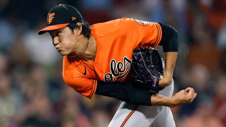 Baltimore Orioles relief pitcher Shintaro Fujinami throws during the fifth inning of a baseball game against the Boston Red Sox, Saturday, Sept. 9, 2023, in Boston. (Michael Dwyer/AP)