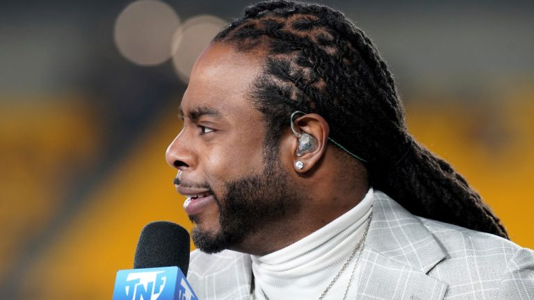 Richard Sherman on the set of the Amazon Prime TNF show before an NFL football game between the Tennessee Titans and the Pittsburgh Steelers in Pittsburgh, Thursday, Nov. 2, 2023. (Matt Freed/AP) 