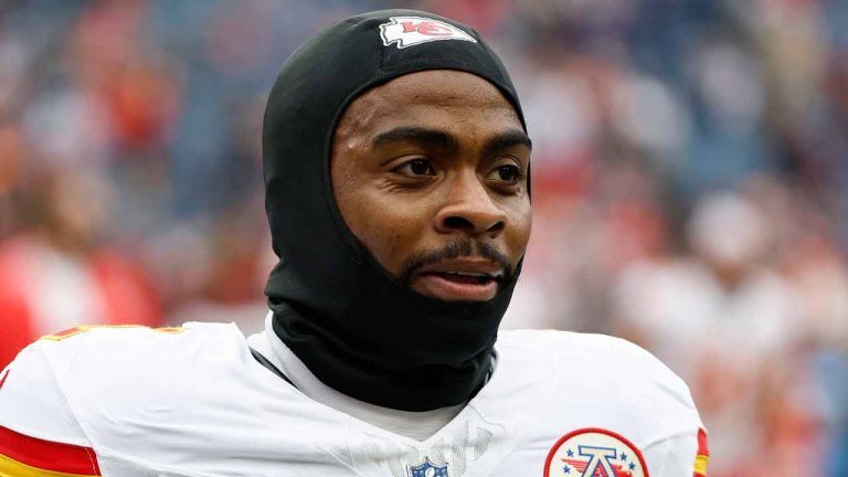 Kansas City Chiefs running back Jerick McKinnon before an NFL football game against the New England Patriots at Gillette Stadium, Sunday, Dec. 17, 2023 in Foxborough, Mass. (Winslow Townson/AP Images for Panini)