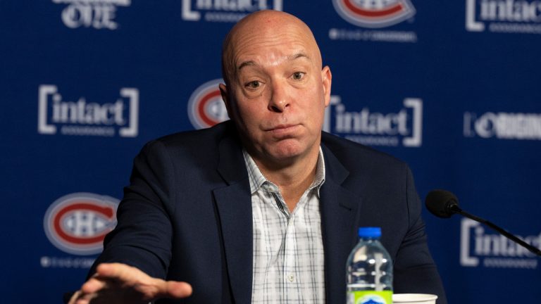 Montreal Canadiens general manager Kent Hughes speaks during a mid-season news conference in Montreal, Monday Jan. 15, 2024. (Christinne Muschi/CP)