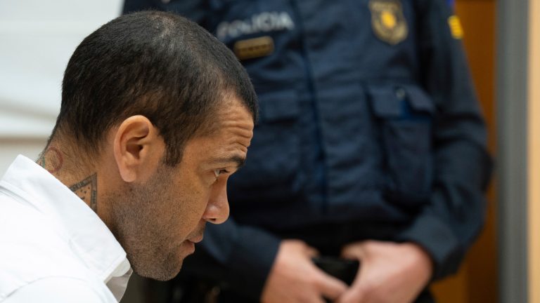 Brazilian soccer star Dani Alves sits during his trial in Barcelona, Spain, Monday, Feb. 5, 2024. Dani Alves goes on trial Monday a year after he allegedly sexually assaulted a young woman at a Barcelona nightclub. The 40-year-old Alves is accused of sexually assaulting the woman on the night of Dec. 30, 2022. He denies any wrongdoing. (D.Zorrakino/Pool Photo via AP) 