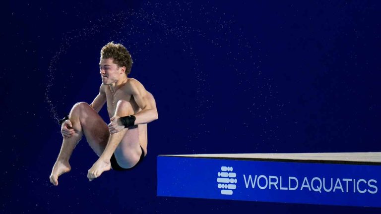 Rylan Wiens of Canada competes during the men's 10m platform diving semifinal at the World Aquatics Championships in Doha, Qatar, Saturday, Feb. 10, 2024. (Hassan Ammar/AP)