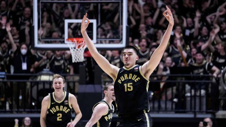 Purdue centre Zach Edey (15) celebrates after hitting a three-point basket against Indiana during the second half of an NCAA college basketball game in West Lafayette, Ind., Saturday, Feb. 10, 2024. (Michael Conroy/AP)