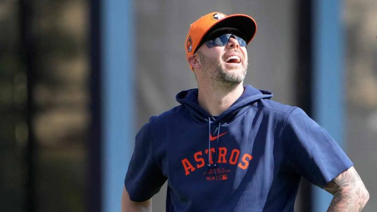 Houston Astros pitcher Ryan Pressly looks up during a spring training baseball workout Wednesday, Feb. 14, 2024, in West Palm Beach, Fla. (Jeff Roberson/AP)