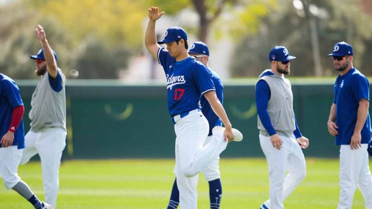 Los Angeles Dodgers designated hitter Shohei Ohtani (17) participates in spring training baseball workouts at Camelback Ranch in Phoenix, Sunday, Feb. 18, 2024. (Ashley Landis/AP)
