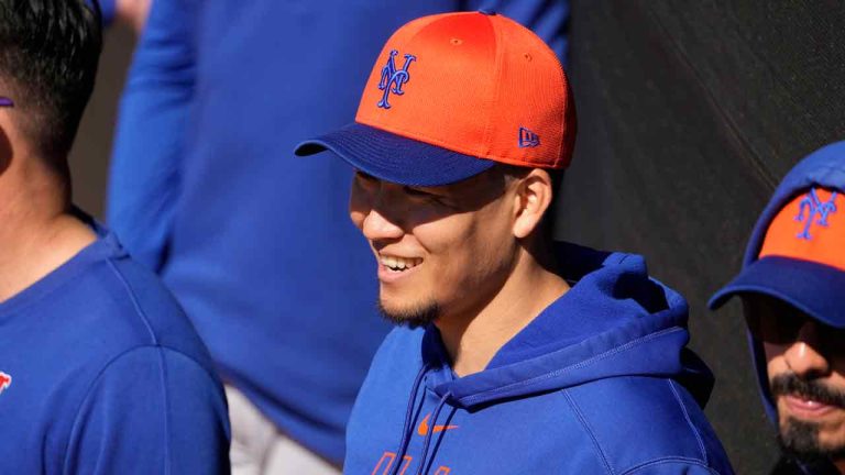 New York Mets pitcher Kodai Senga smiles during a spring training baseball workout Tuesday, Feb. 20, 2024, in Port St. Lucie, Fla. (Jeff Roberson/AP)