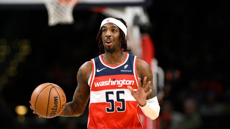 Washington Wizards guard Delon Wright (55) in action during the first half of an NBA basketball game against the Denver Nuggets, Sunday, Jan. 21, 2024, in Washington. (AP Photo/Nick Wass)