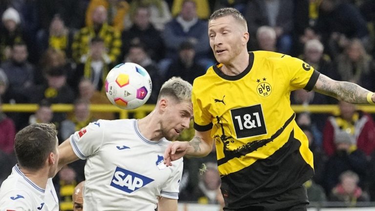 Borussia Dortmund slumped to its first defeat of 2024 with a 3-2 loss at home to Hoffenheim in the Bundesliga on Sunday. (AP/Martin Meissner)